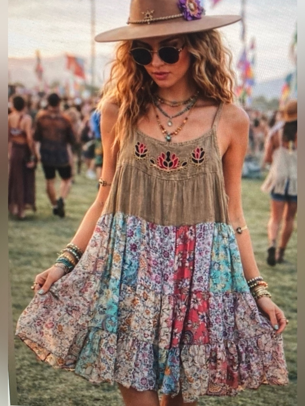 Young Threads Boho Patchwork Sleeveless Dress - Olive & Multicolor
